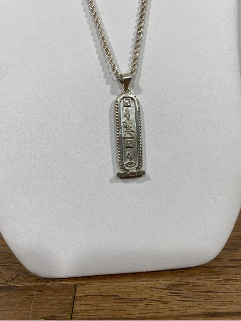Vtg Sterling Silver Egyptian Cartouche Hieroglyphics Pendant & Chain 20g